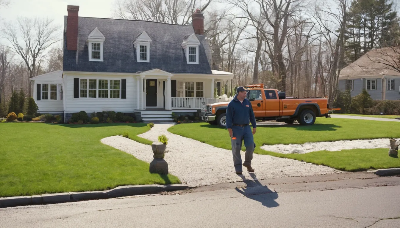 A septic provider talking with a homeowner beside a house in the High Bridge area